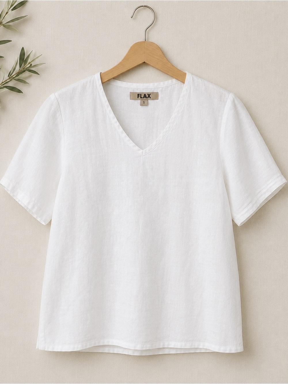 FLAX 100% Linen White V-Neck Top | Size Small | Made in Lithuania